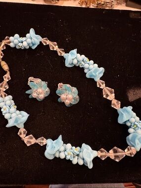 Blue Floral Lucite Necklace & Clip-On Earrings Set